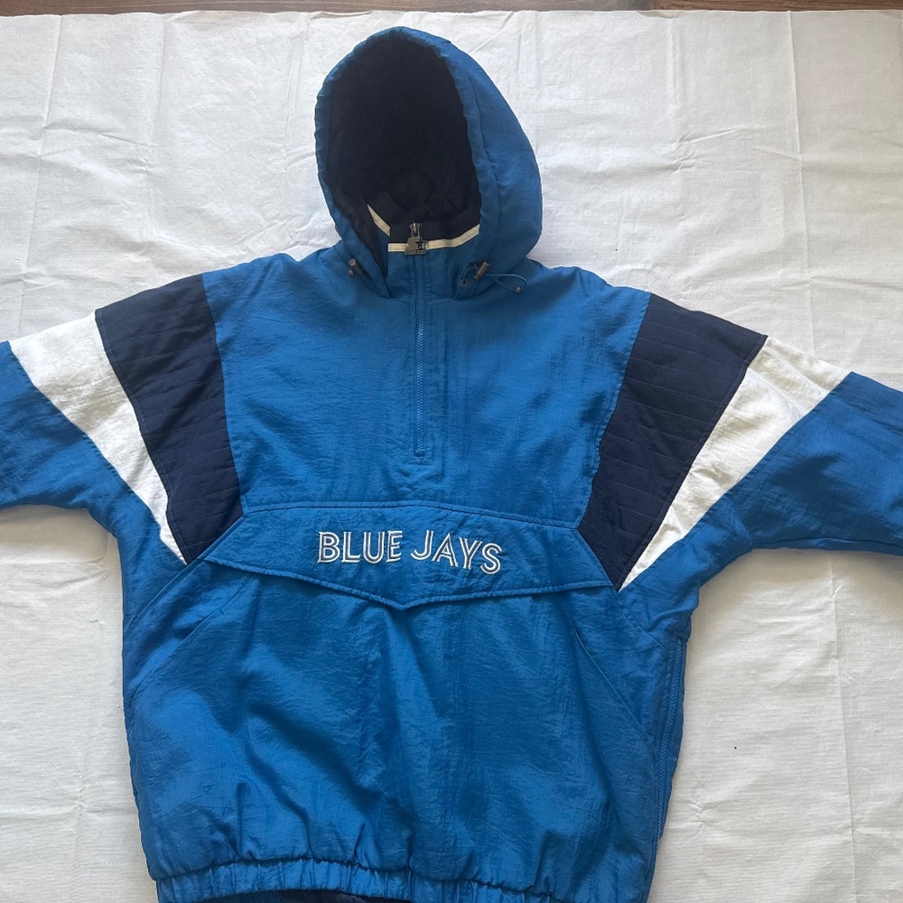 VINTAGE TORONTO BLUE JAYS 1/2 ZIP PULLOVER JACKET STARTER XL BLUE GRAY